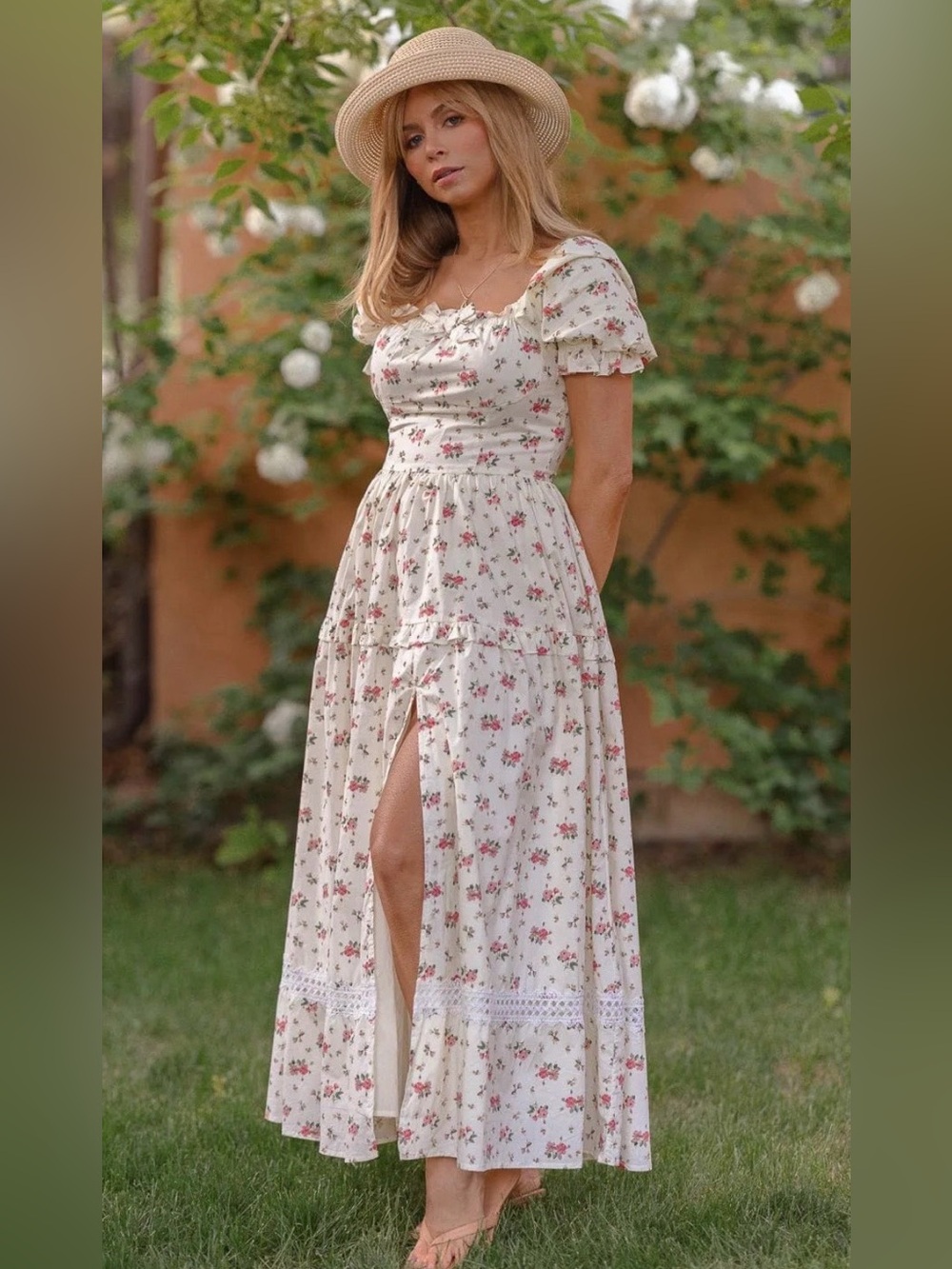 JessaKae Avery Cream Maxi Dress with Pink Floral Print